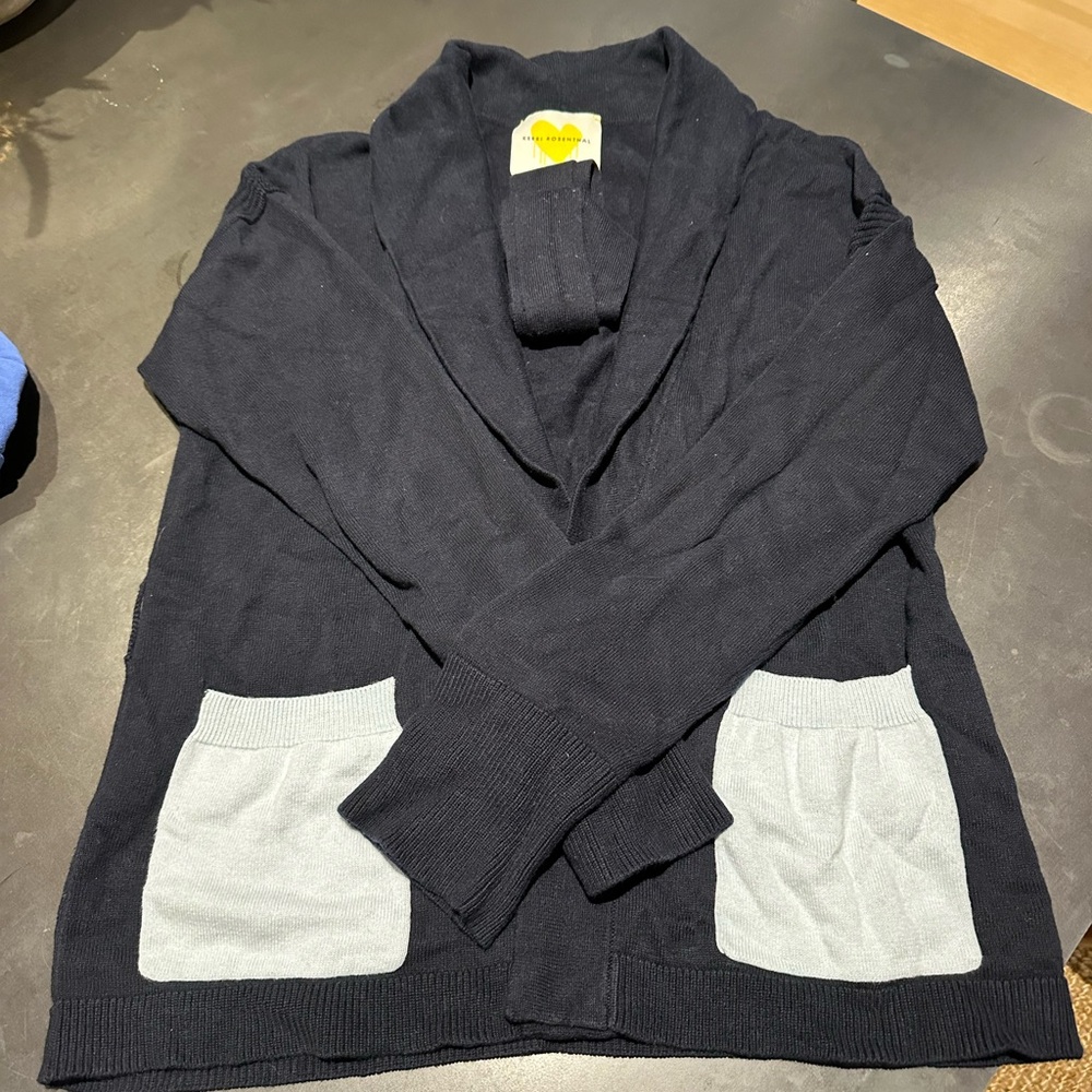 Kerri rosenthal navy cotton cardigan with tie belt.